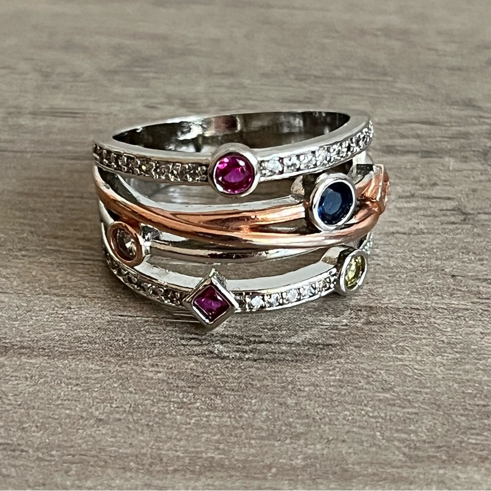 GYOEI 925 Sterling Silver and Rose Gold Multi-Gemstone Cross-over Ring